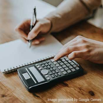 Google Gemini generated image of hands holding a pen over a notebook and a hand pushing calculator keys.